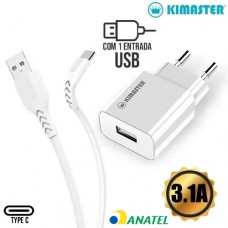 Kit Carregador Universal de Tomada 1 USB + Cabo Type C Flexível 3.1A Kimaster - KT604X Branco